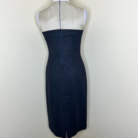 Erika Cavallini Sheath Shirt Dress 8 Pinstriped Button Front Midi Navy Wool New - Picture 5 of 12